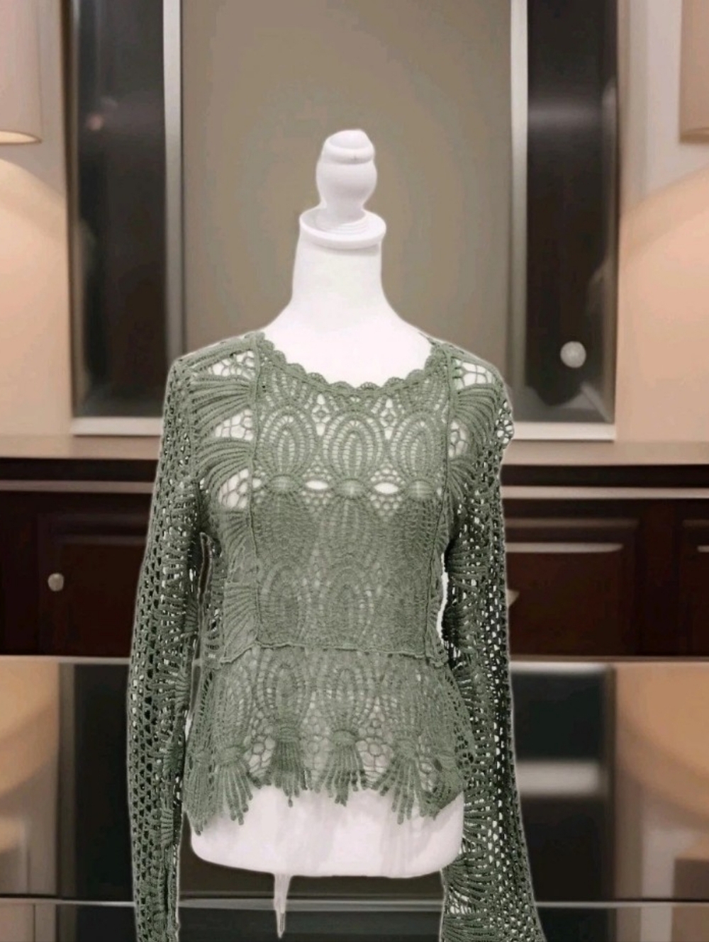 Rebellion Sage Olive Green Crochet Long Sleeve Top